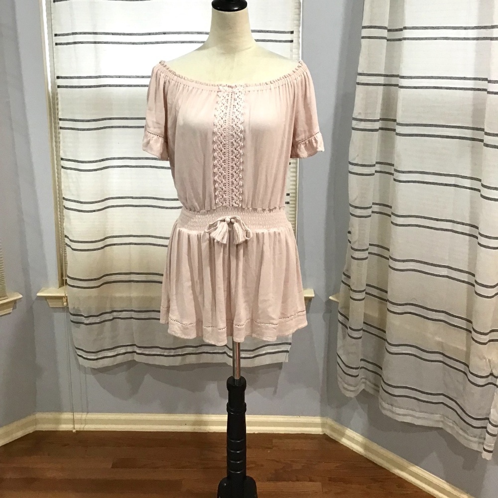 Ocean Drive Women Size Med Baby Pink Off Shoulder Eyelet Crochet Mini Dress Boho